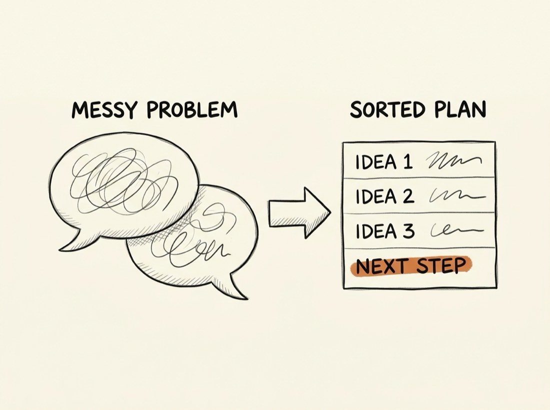 Sketch of a loose conversation resolving into three ordered rows and one clear next step
