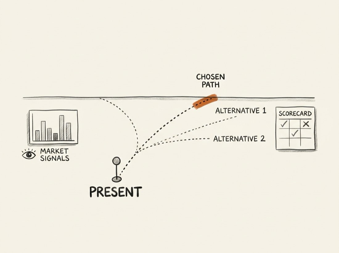 Sketch of three diverging paths from a present-day marker with one bet picked out, beside market signals and a scorecard