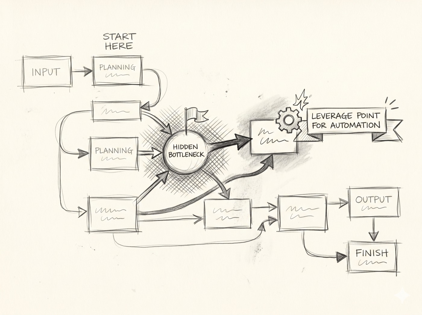 Sketch of a team mapping how work moves through their organization